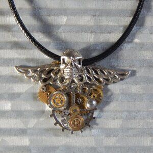 STEAMPUNK -Silver Skull w/ Wings & Gears Necklace - Carlo Biagi Skull - Handmade